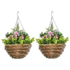 Outsunny Set Di 2 Piante Finte Lisianthus Da Appendere Per Interno Ed Esterno Con Vaso In Vimini E Catenelle, Ф25x34cm, Rosa E Verde