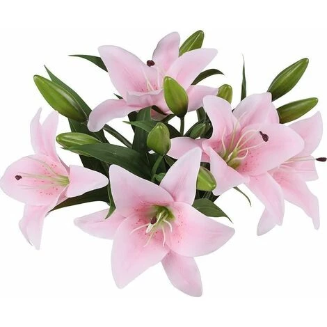 ZOLGINAH Bouquet Di Fiori Artificiali Set Di 5 Fiori Artificiali Finti Giglio Plastica Per La Casa Deco Matrimonio Paese Cimitero Pianta Artificiale Per Esterni Interni (rosa) - immagine 4