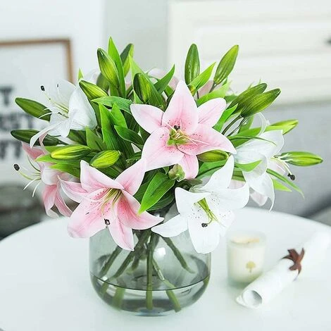 ZOLGINAH Bouquet Di Fiori Artificiali Set Di 5 Fiori Artificiali Finti Giglio Plastica Per La Casa Deco Matrimonio Paese Cimitero Pianta Artificiale Per Esterni Interni (rosa) - immagine 5