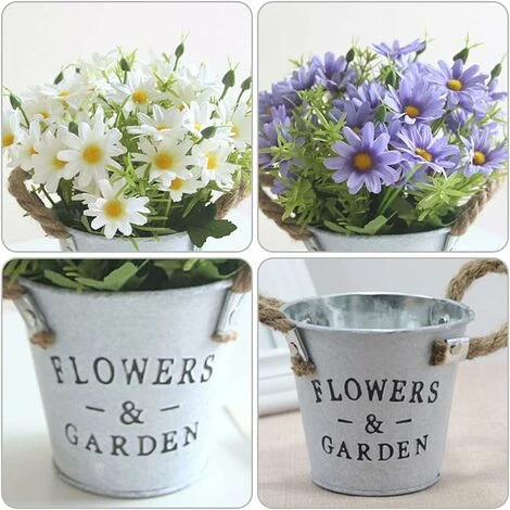 HIASDFLS Fiori Artificiali Con Vaso, Pianta Artificiale Da Interno Con Vaso, 1 Pezzo Di Piante Finte Con Vaso In Metallo, Fiore In Plastica, Con Secchio In Metallo Vintage (viola) - immagine 3