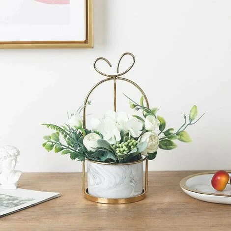 Fiori Artificiali Con Vaso - Bouquet Di Ortensie E Crisantemi Decorazione Di Nozze Per Casa, Soggiorno O Ufficio - immagine 2