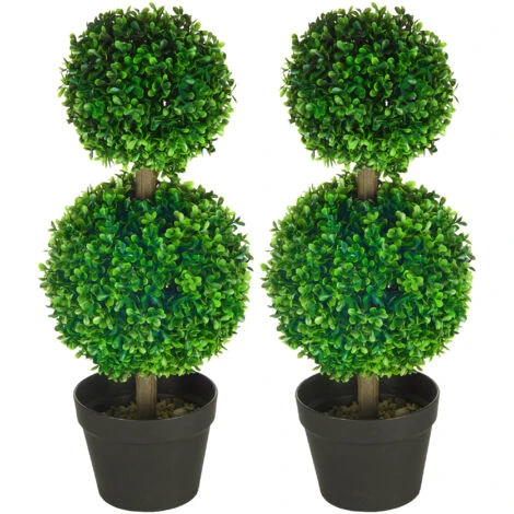 HOMCOM Set Da 2 Piante Di Bosso A 2 Sfere Realistiche Con Vaso Incluso, A Fondo Rinforzato Ed Erba, 60 Cm