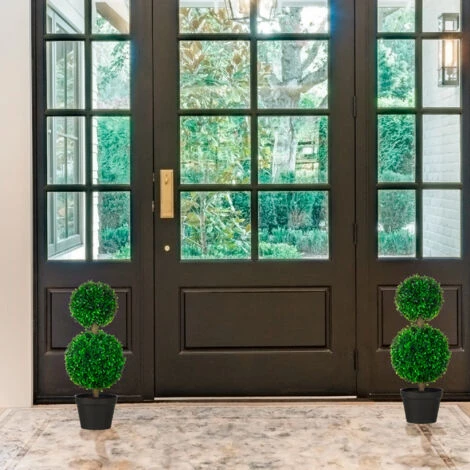 HOMCOM Set Da 2 Piante Di Bosso A 2 Sfere Realistiche Con Vaso Incluso, A Fondo Rinforzato Ed Erba, 60 Cm - immagine 2