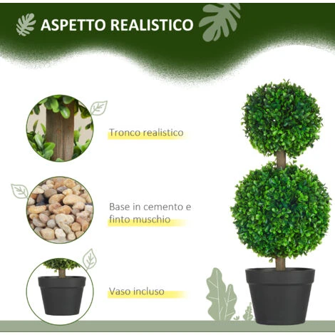 HOMCOM Set Da 2 Piante Di Bosso A 2 Sfere Realistiche Con Vaso Incluso, A Fondo Rinforzato Ed Erba, 60 Cm - immagine 4